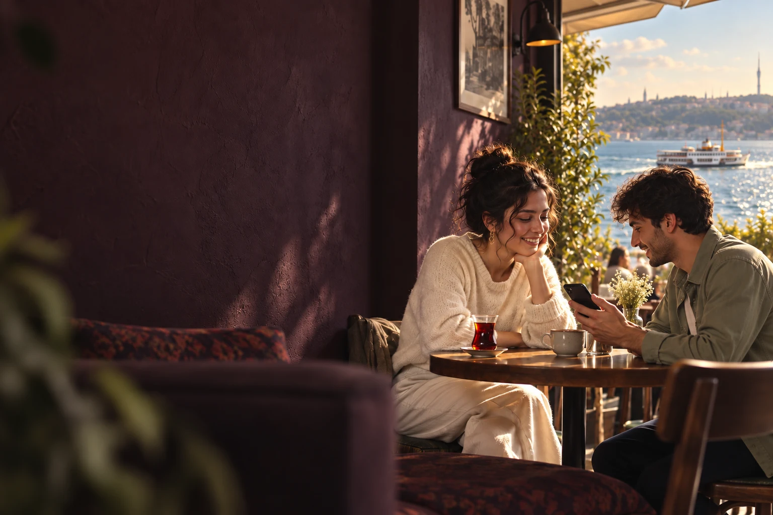 A couple at a Bosphorus café table, one showing the other something on a phone, a ferry passing on the water behind them